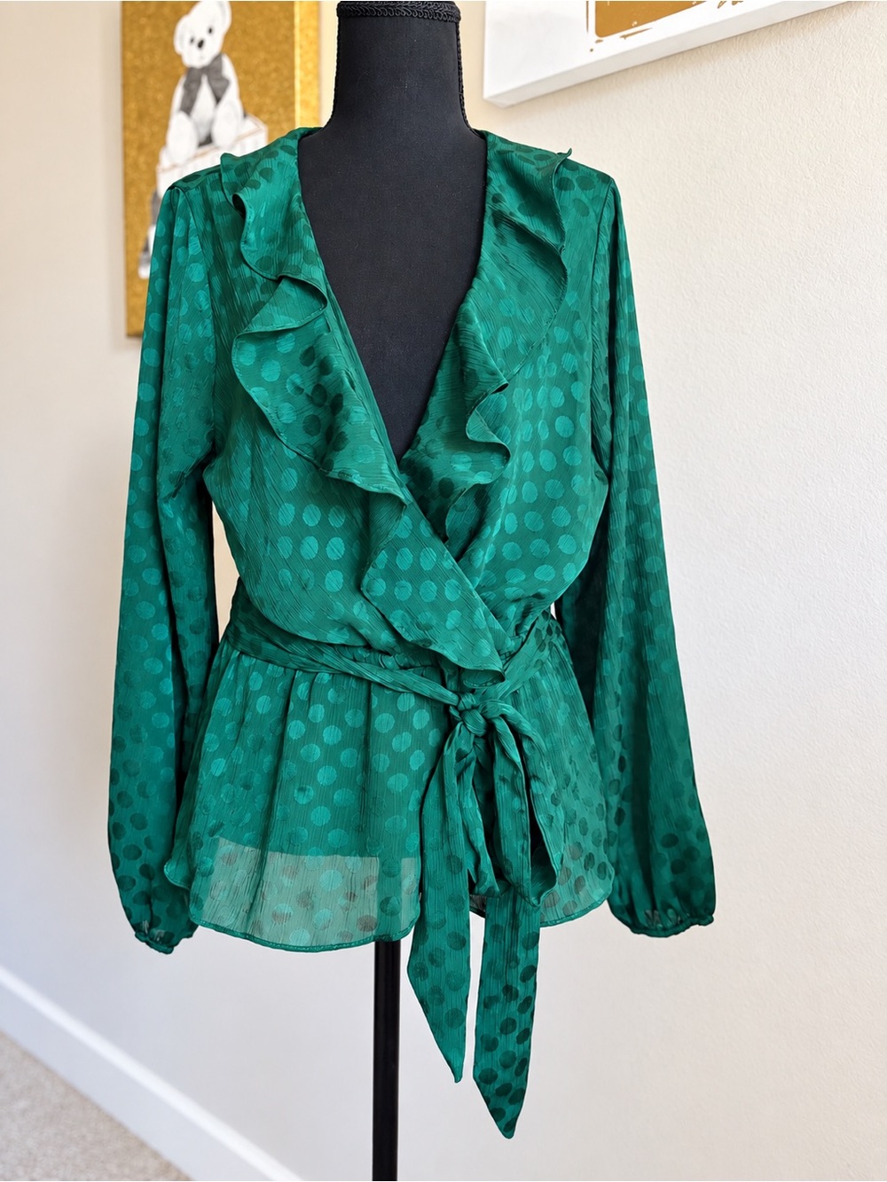 Max Studio Emerald Green Polka Dot Ruffle Wrap Blouse Tie Waist L